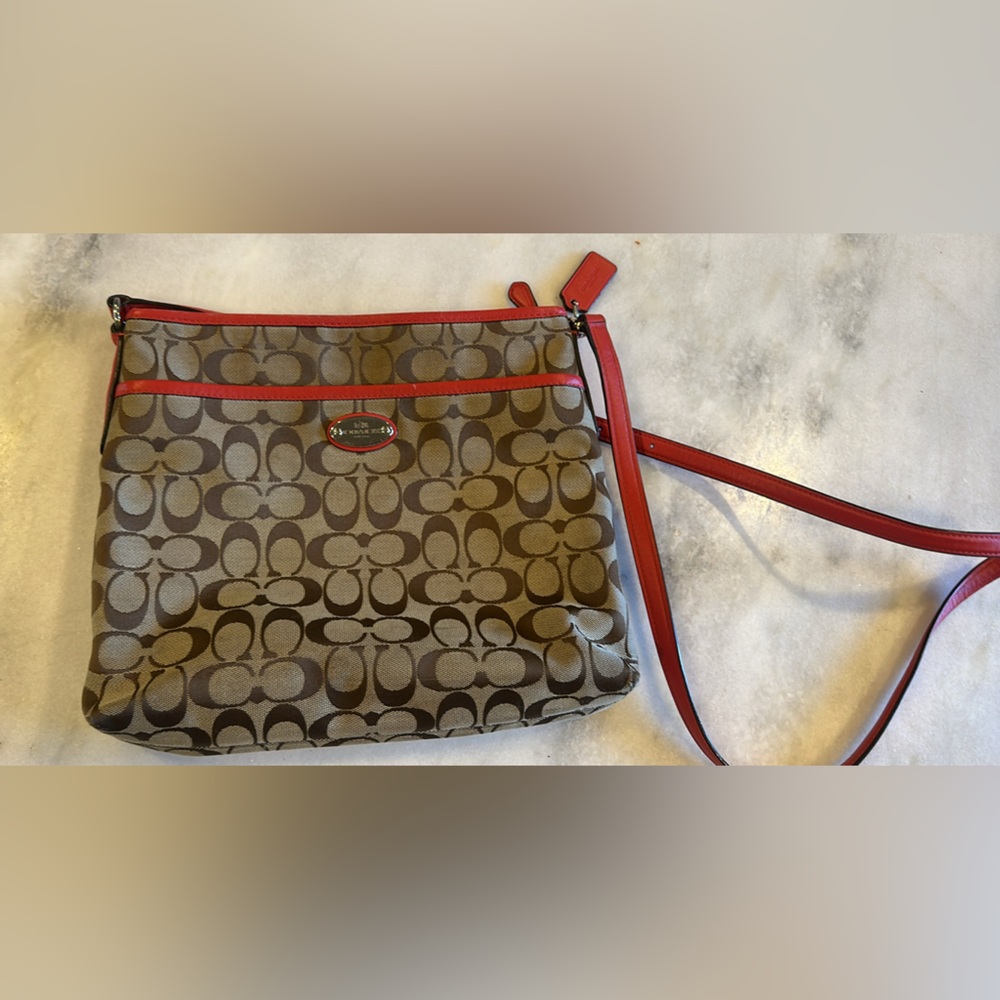 Coach Brown and Red Signature Crossbody Bag